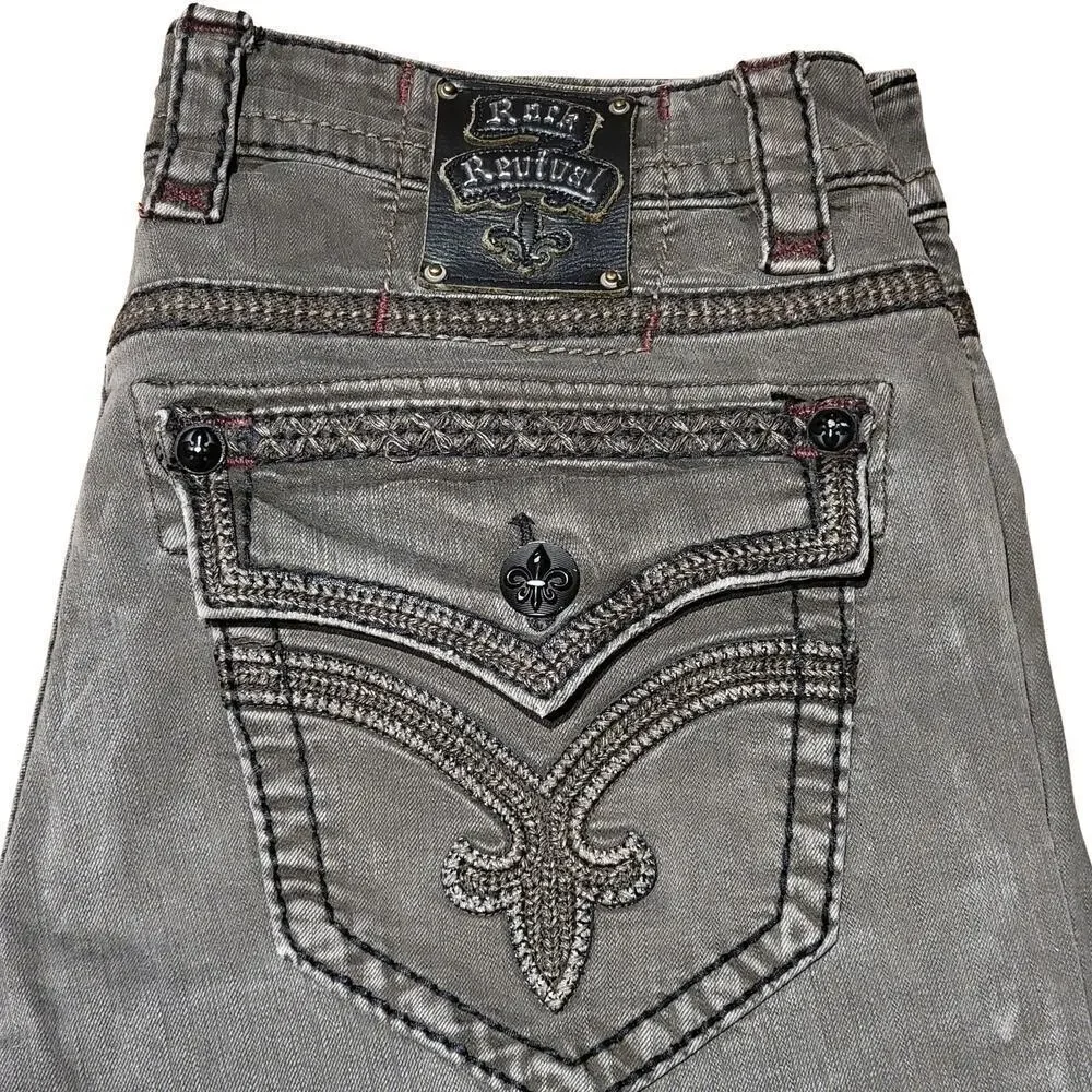 ROCK REVIVAL Gray Ben Straight Leather Detail Jeans Mens 36 Rebel Biker 90's